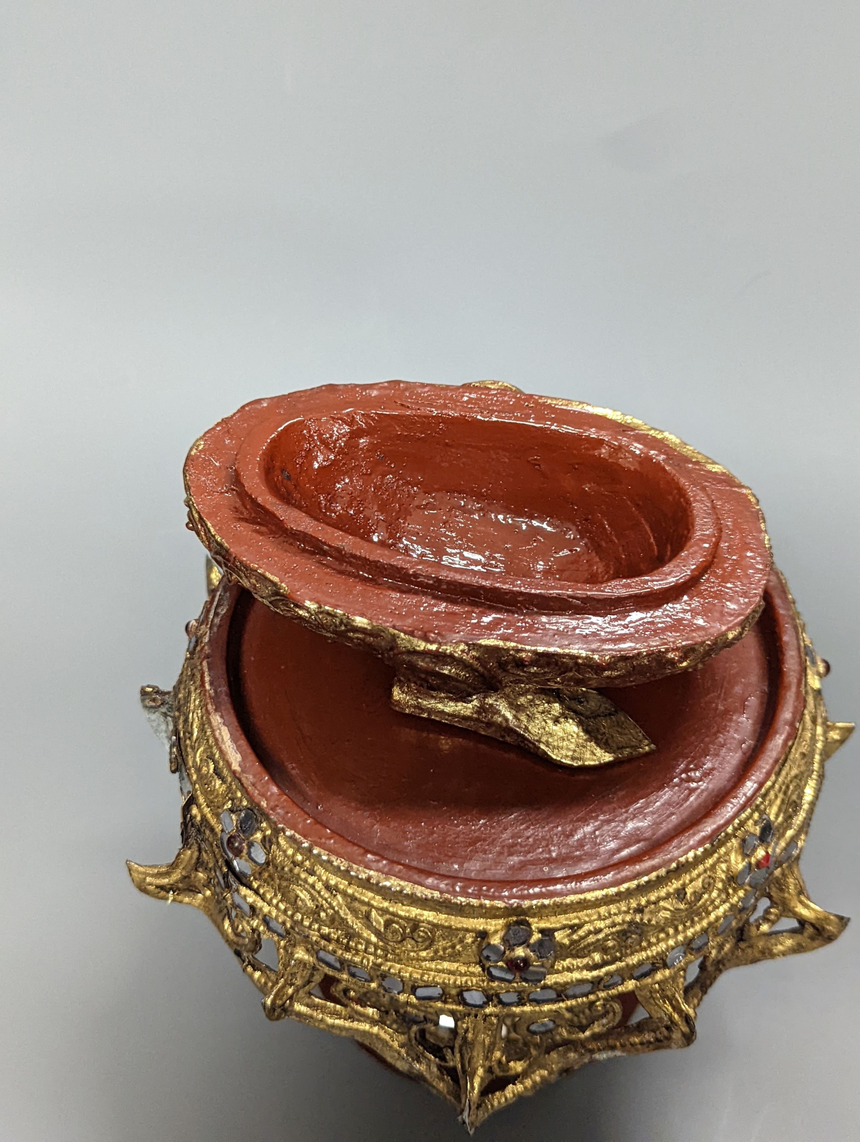 A Burmese painted gilt decorated metal, wood and composition ‘phoenix’ Betel box, total height 32cm